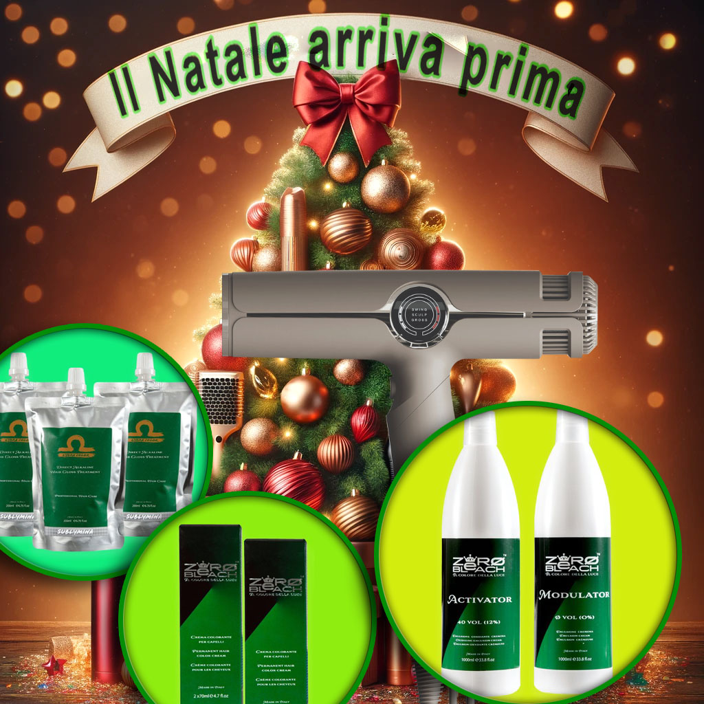 DALL·E 2023-12-07 11.04.38 - A festive Christmas promotional image featuring a variety of hair care products neatly arranged as a Christmas tree. In the center, there's a prominen
